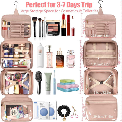 Toiletry Bag for Women and Men, Hanging Leather Large Capacity Travel Toiletry Bag, Waterproof Cosmetic Organiser with 4 Compartments Storage Travel Accessories for Holiday, Business Trip, Gym