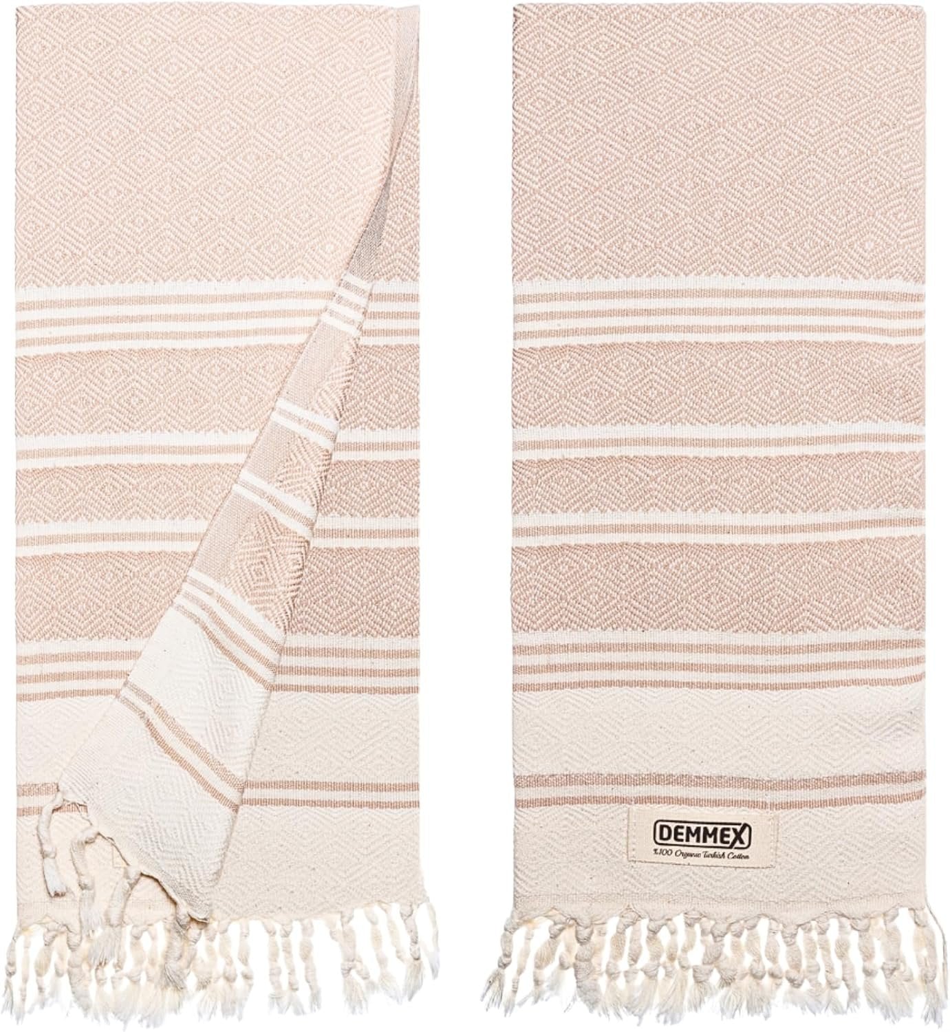 DEMMEX Organic Cotton Diamond Turkish Hand Towels for Bathroom & Kitchen – Set of 2 - Decorative Lightweight Towels for Hand, Face, Dish, Bath, Travel | 100% Oeko-TEX Certified, 46x92cm, Beige