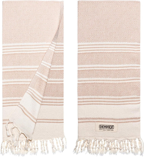 DEMMEX Organic Cotton Diamond Turkish Hand Towels for Bathroom & Kitchen – Set of 2 - Decorative Lightweight Towels for Hand, Face, Dish, Bath, Travel | 100% Oeko-TEX Certified, 46x92cm, Beige