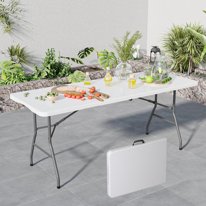 6 Ft Portable Foldable Long Table, Folding Table for Indoor Outdoor, Smooth HDPE Tabletop with Built in Handle & Steel Legs, Perfect for Party, Dining, Wedding, Events, Camping, Utility, Temporary