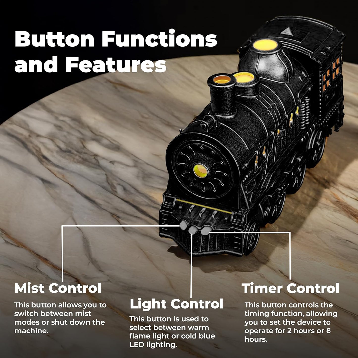 OMEO Black Small Train Aromatherapy Humidifier & Essential Oil Diffuser - Dual Mist, Quiet Ultrasonic, 300ML Tank, Remote Control, LED Light, Air Purifier for Home, Office, and Bedroom Use