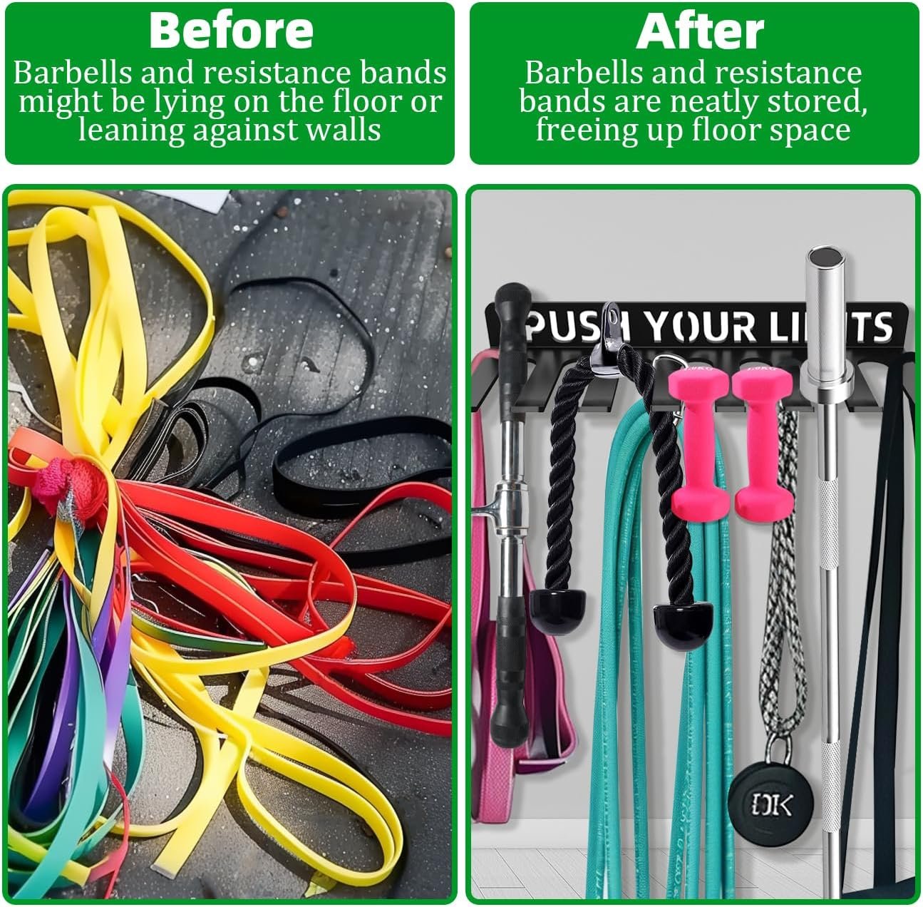 Home Gym Accessories Organization Storage Rack Equipment For Home 8 Hook Wall Hanger Display Gear Barbells Resistance Bands Jump Ropes Lifting Belt Hanger Accessories Hardware Included
