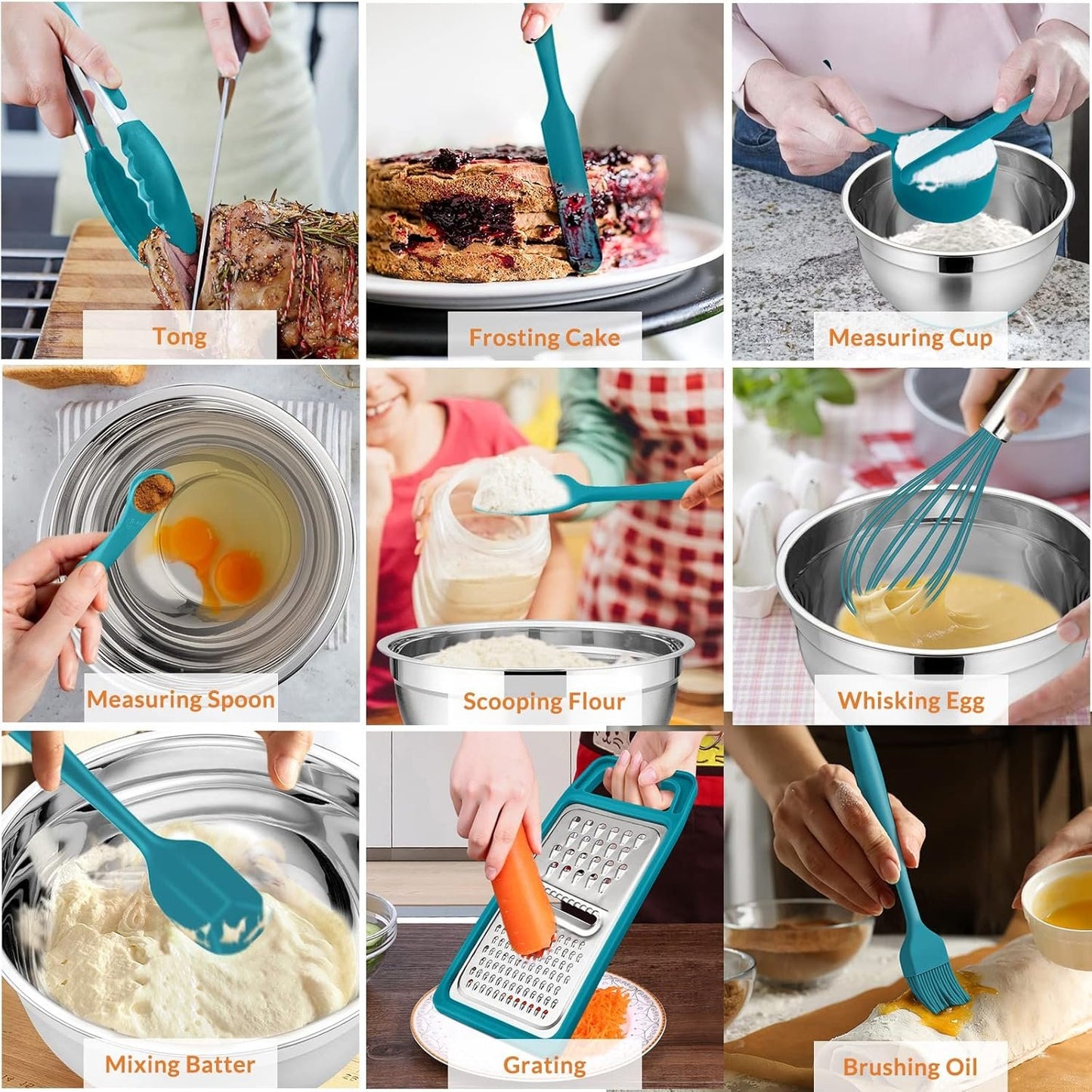 22-Piece Mixing Bowls with Teal Blue Lids & Accessories Set, E-far Stainless Steel Nesting Bowls with Covers & Non-Slip Bottoms, Metal Bowls for Cooking/Baking/Serving/Storage -Size 7/3.5/2.5/1.5/1 QT