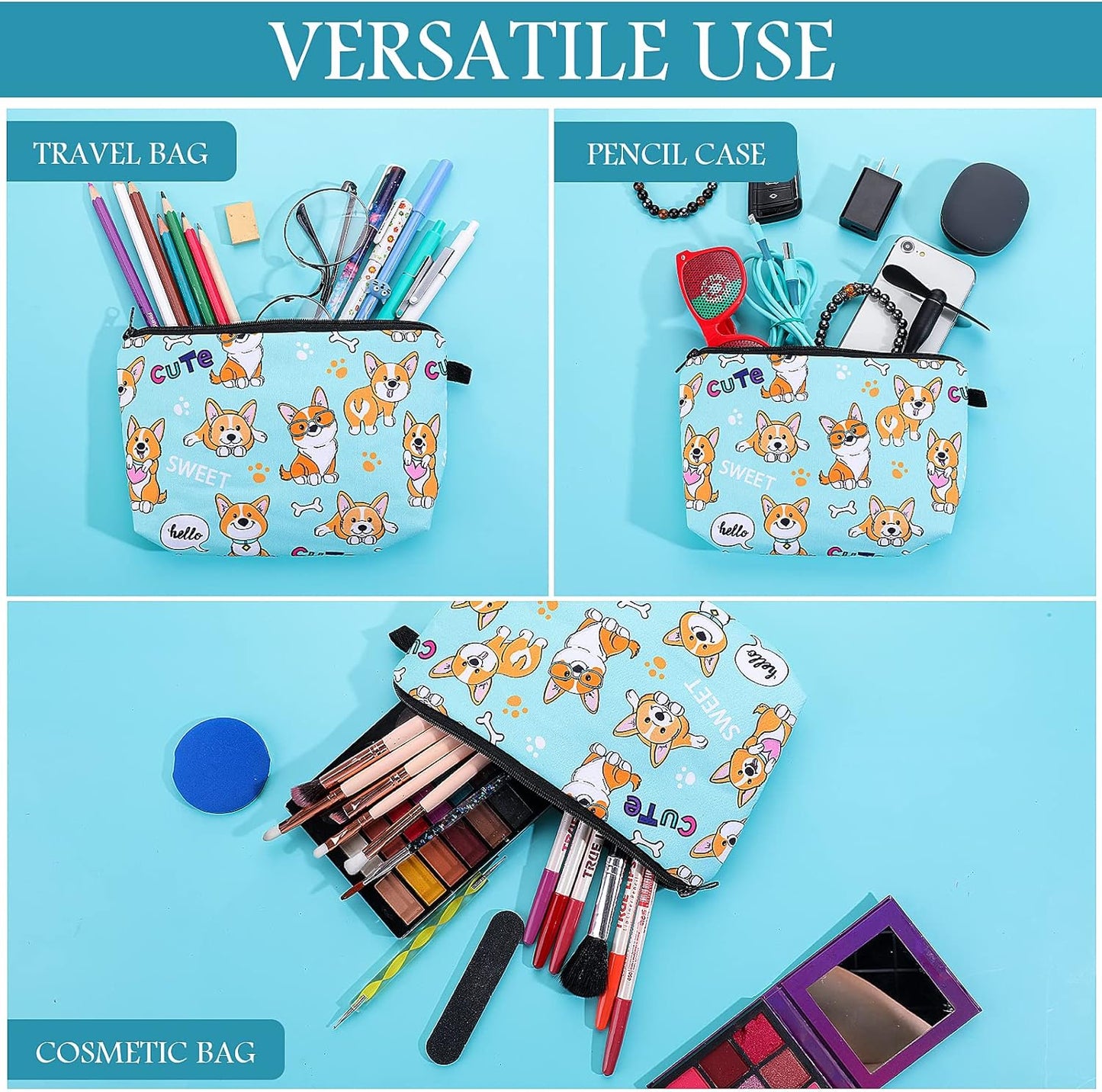 Sibba Canvas Cosmetic Bag, Small Money Bag, Hook & Loop Closure Pen Holder, Cosmetic Bag, Makeup Organizer, Travel Accessories for Teenagers and Girls, Shiba Pattern, Bag Organizer
