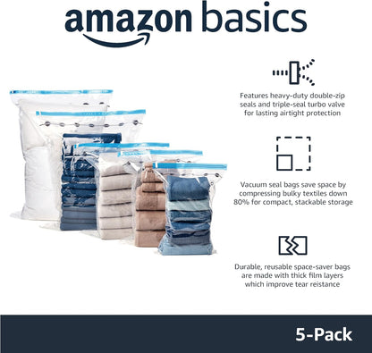 Amazon Basics Reusable Vacuum Compression Storage Bags with Free Hand Pump - Medium, 5-Pack - Best for Travel Packing