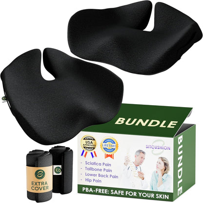 Memory Foam Car Seat Cushion for Back Pain Relief – 2025 Upgraded Car Cushions for Driving & Tailbone Pain. Non-Slip Pressure Relief Seat Pad for Truck Driver Essentials with Extra Cover (Black)