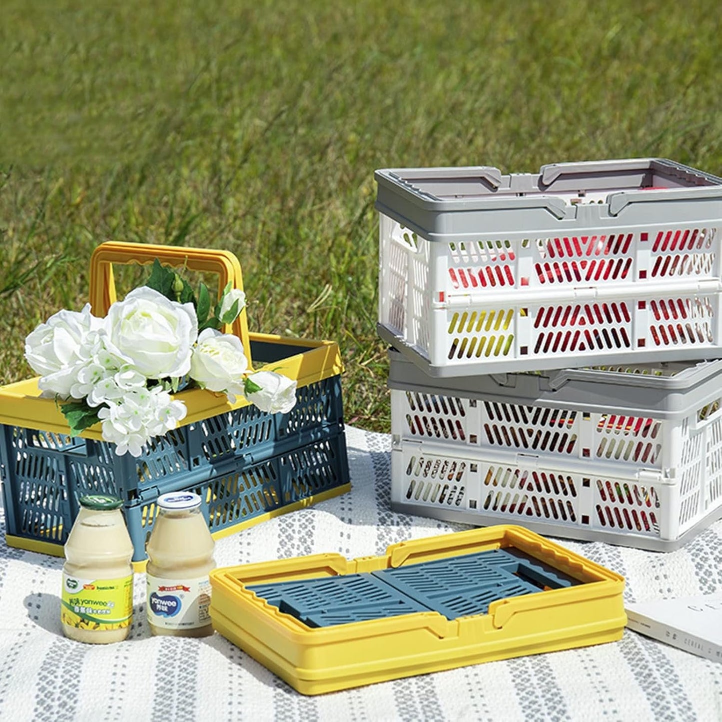 3 Pack Collapsible Storage Crates with Handles, Stackable Folding Storage Crate Plastic Shopping Baskets for Kitchen Bathroom Grocery Car Trunk (14.76 x 9.8 x 8 inches)
