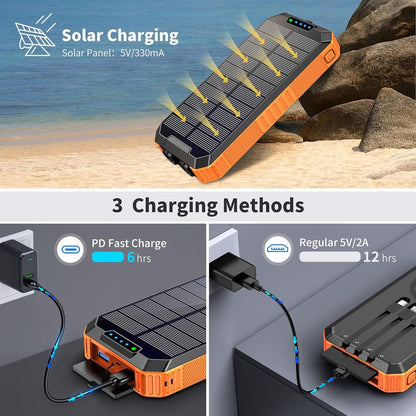 Solar Power Bank 30000mAh, Wireless Portable Solar Charger Fast Charging Power Bank, Solar Phone Charger with 3 Cables & LED Flashlights, Compatible with Smartphones, Tablets