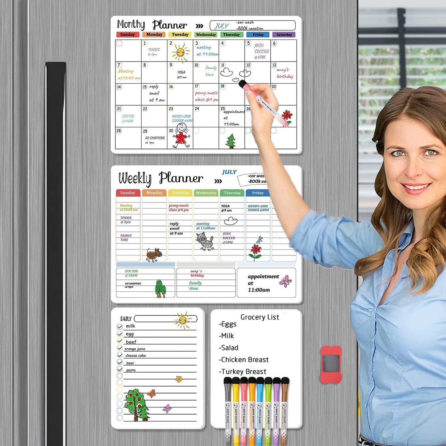 Hivillexun Magnetic Dry Erase Calendar Whiteboard Set (4-Pack) for Home and Kitchen, with Monthly and Weekly Views (16.5” x 11.8”), Magnetic Whiteboard and Daily Planners (12” x 8”) 8 Markers & Eraser