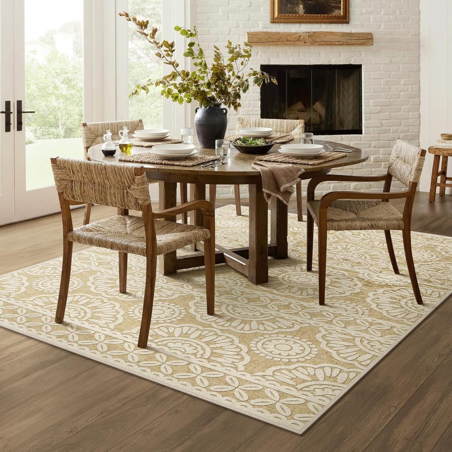 Washable Rugs 5x7 for Living Room Bedroom Under Bed, Tan Boho Aesthetic Floral Print Area Rug for Dining Room Office Kids Nursery Playroom, Farmhouse Distressed Carpet Home Decor, 5x7ft, Brown Cream