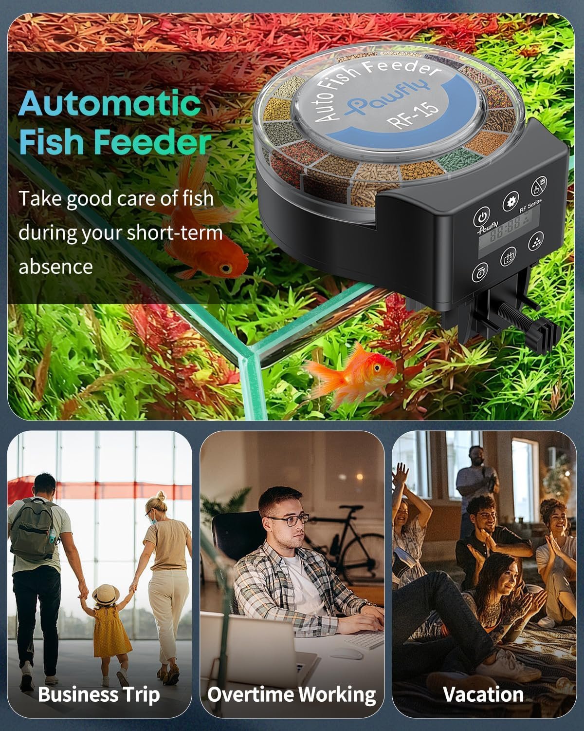 Pawfly Automatic Fish Feeder for Aquarium 108 ml Auto Vacation Timer Adjustable Food Dispenser for Powder Pellets and Granules, Battery Operated (Not Included)