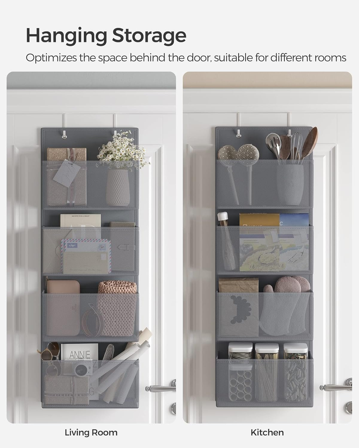 SONGMICS Over the Door Organizer, Closet Door Storage, Behind Door Hanging Storage Shelves, 4 Pockets, for Bedroom, Bathroom, Pantry, Kitchen, 4.7 x 13.2 x 39.4 Inches, Slate Gray URDH04G