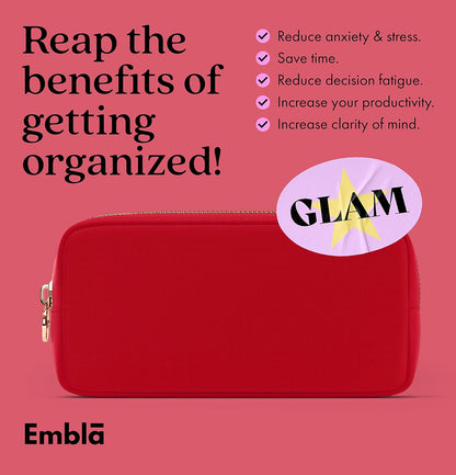 Embla Makeup Bag Travel Cosmetics Pouch and Toiletry Bag, Nylon Zipper Pouch Purse, Cute Make Up Organizer Storage Tote for Women Girls, Waterproof Travel Skincare Case, Small Makeup Bags, Ruby Red