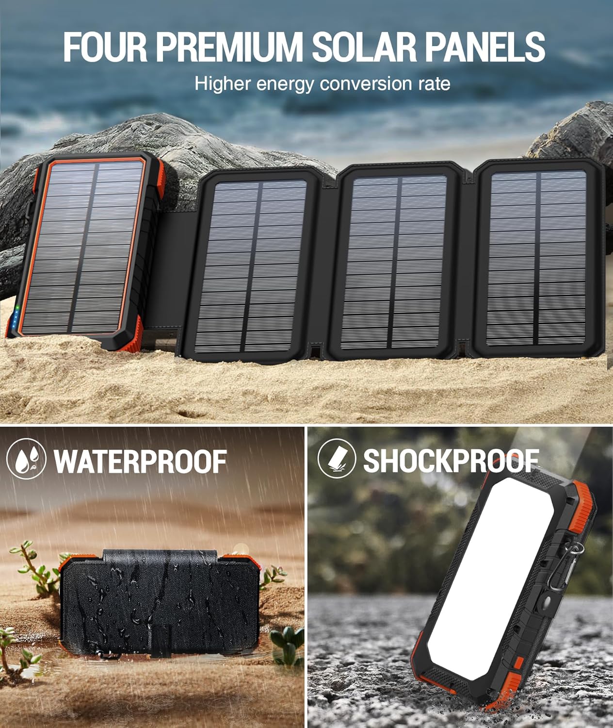 BLAVOR Solar Charger Power Bank,PD 18W QC3.0 Fast Charging 20000mAh Solar Powered Powerbank with 4 Foldable Panels, Type C Input/Output, Camping Light SOS Flashlight, Compass Carabiner