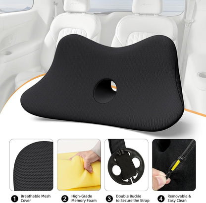 Benazcap Lumbar Support Pillow for Car Seat, Lower Back Support Pillow for Sciatica & Back Pain Relief, 2 in 1 Memory Foam Lumbar Support Pillow for Office Chair - Black