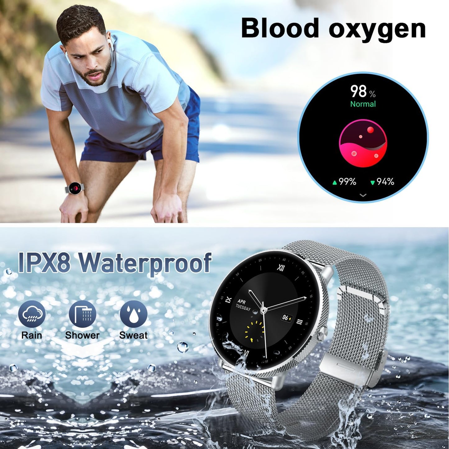 Smartwatch Men Women Fitness Watch: Bluetooth Call Answer Handsfree Waterproof Digital Smart Watch Tracker Heart Rate Monitor Pedometer Spo2 Calorie Sports for Android iOS Silver17