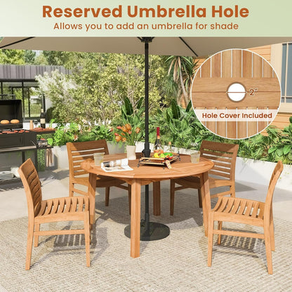HAPPYGRILL Round Patio Dining Table, Acacia Wood Outdoor Dining Table with 2" Umbrella Hole and Slatted Tabletop for 4-6 Person, 53-Inch Dining Furniture for Yard, Deck Lawn, Garden, Natural