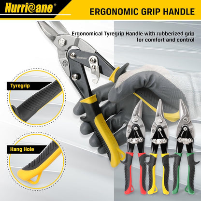 HURRICANE 3 pc Aviation Tin Snips Set, Metal Cutter Shear for Cut Sheet Metal, Chrome Vanadium Steel, Straight Left and Right, Ergonomical TyreGrip Handle with Hang Hole and Safety Latch