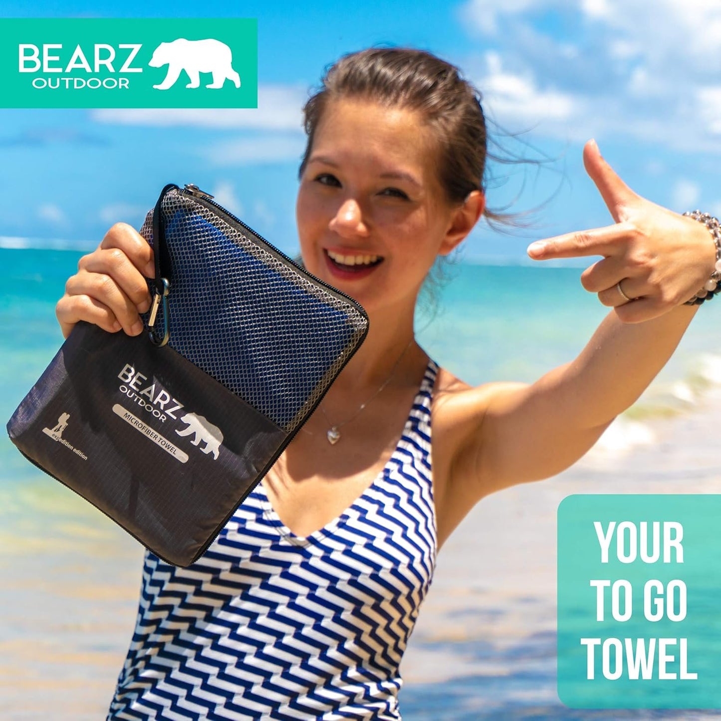 BEARZ Outdoor Microfiber Towel Set for Travel & Sports. Compact & Absorbent Cloth for Camping Swimming Beach Gym Yoga Golf. Gear w/Bag Water Resistant Pocket Carabiner Face Cloth