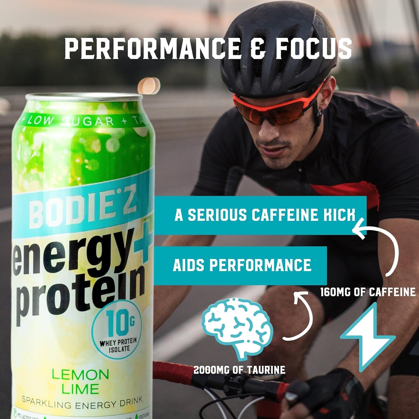 BODIE’Z Whey Protein Energy Drink - 10g Protein Powder Water with 200mg Taurine and 160mg Caffeine For Focus and Performance, Low Sugar Clear Protein Water, 500ml Lemon Lime 6 Pack