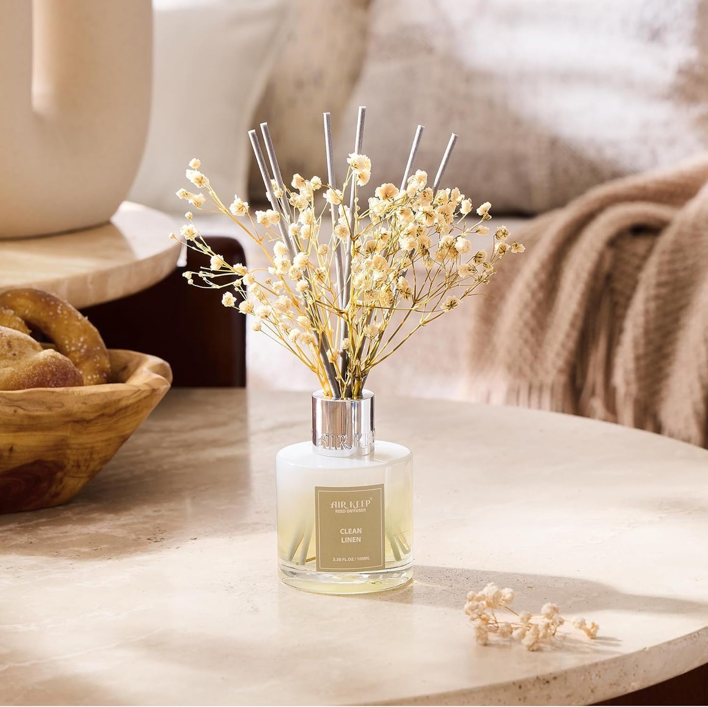 Airkeep Reed Diffuser Set,3.38 fl oz (100 ml) - Clean Linen Oil Diffusers with 8 Reed Sticks,Home Fragrance for Bathroom Shelf Decor