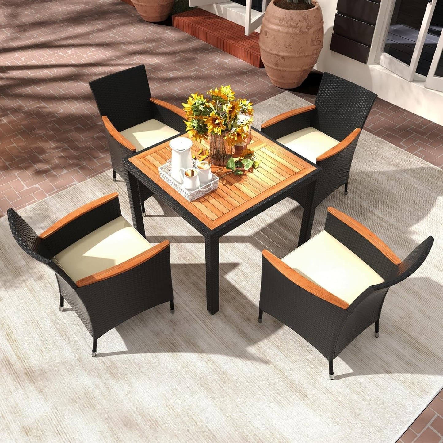 ORALNER 5 Pieces Outdoor Dining Set, Wicker Dining Table and Chairs Set with Acacia Wood Table Top, Seat Cushions, Rattan Patio Dining Table Set for 4, Garden Yard Poolside Deck, Brown