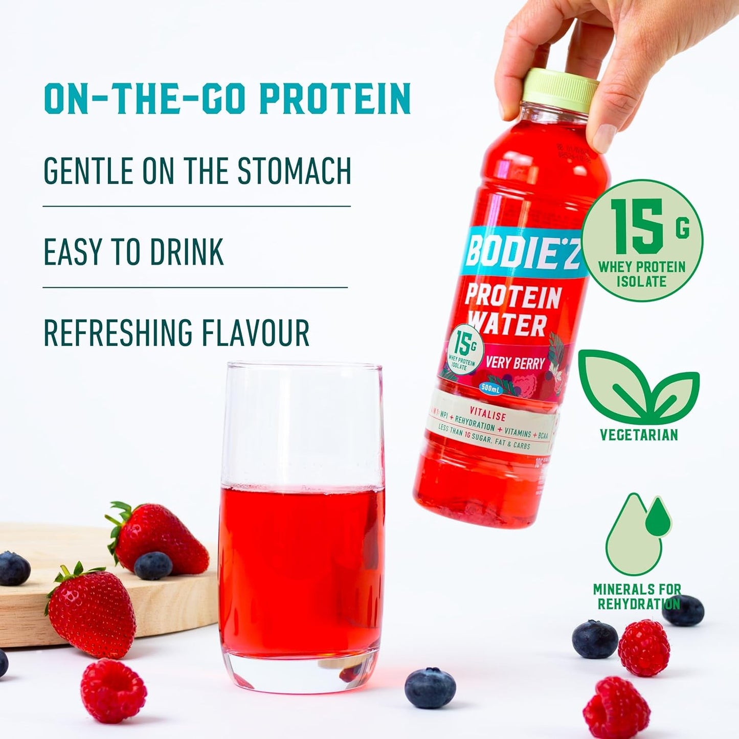 BODIE’Z Vitalise 15g Whey Protein Water - Pre-Mixed Protein Powder Drink, Less than 1g Sugar Fat and Carbs, 11 Vitamins and Minerals, Refreshing Supplement for Post Workout, 500ml Very Berry 6 Pack