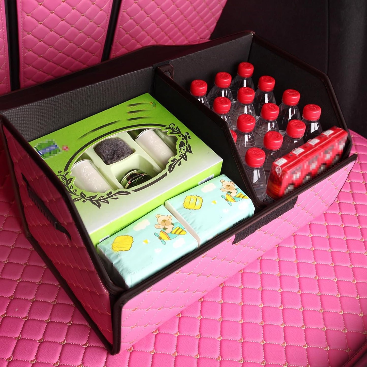 car organizers and storage for SUV,trunk organizer for sedan, leather foldable sleek box with lid,collapsible cargo bins, tool accessories containers,Pink women (17.71 inch)
