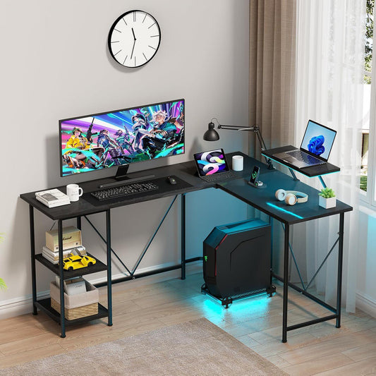 Maxzzz 67 Inch L Shaped Corner Computer Desk with Storage Shelves, Large Monitor Stand, Multi-Usage Laptop&Sturdy Home Office Desk for Gaming,Study,Work,Writing(Black Oak)