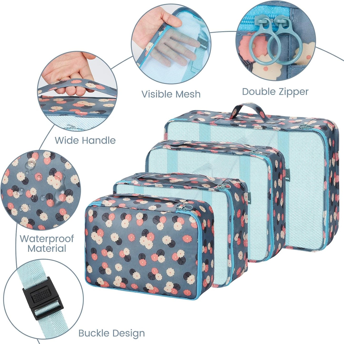 Sarsumir Travel Suitcase Organizer, 8 Pieces Packing Cubes Organizer Suitcase Travel Organizer with Waterproof Bags Toiletry Clothes Shoes, Blue Flower