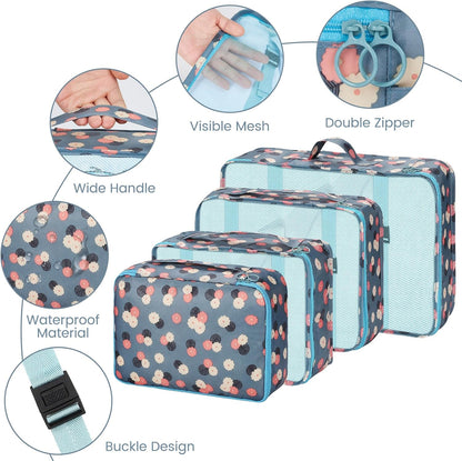 Sarsumir Travel Suitcase Organizer, 8 Pieces Packing Cubes Organizer Suitcase Travel Organizer with Waterproof Bags Toiletry Clothes Shoes, Blue Flower