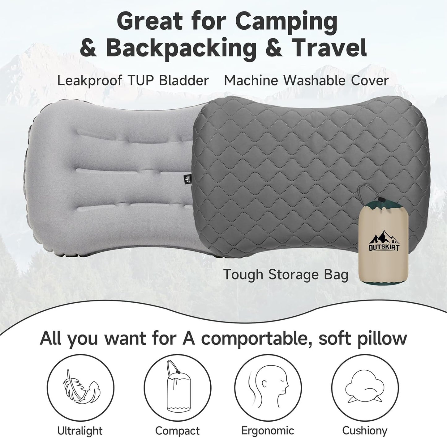 Outskirt Inflatable Camping Pillow, 2 in 1 Removal Inflatable Pillow for Backpacking Camping, Ultralight and Portable Camping Pillows for Traveling, Neck Pillows for Hiking Travel