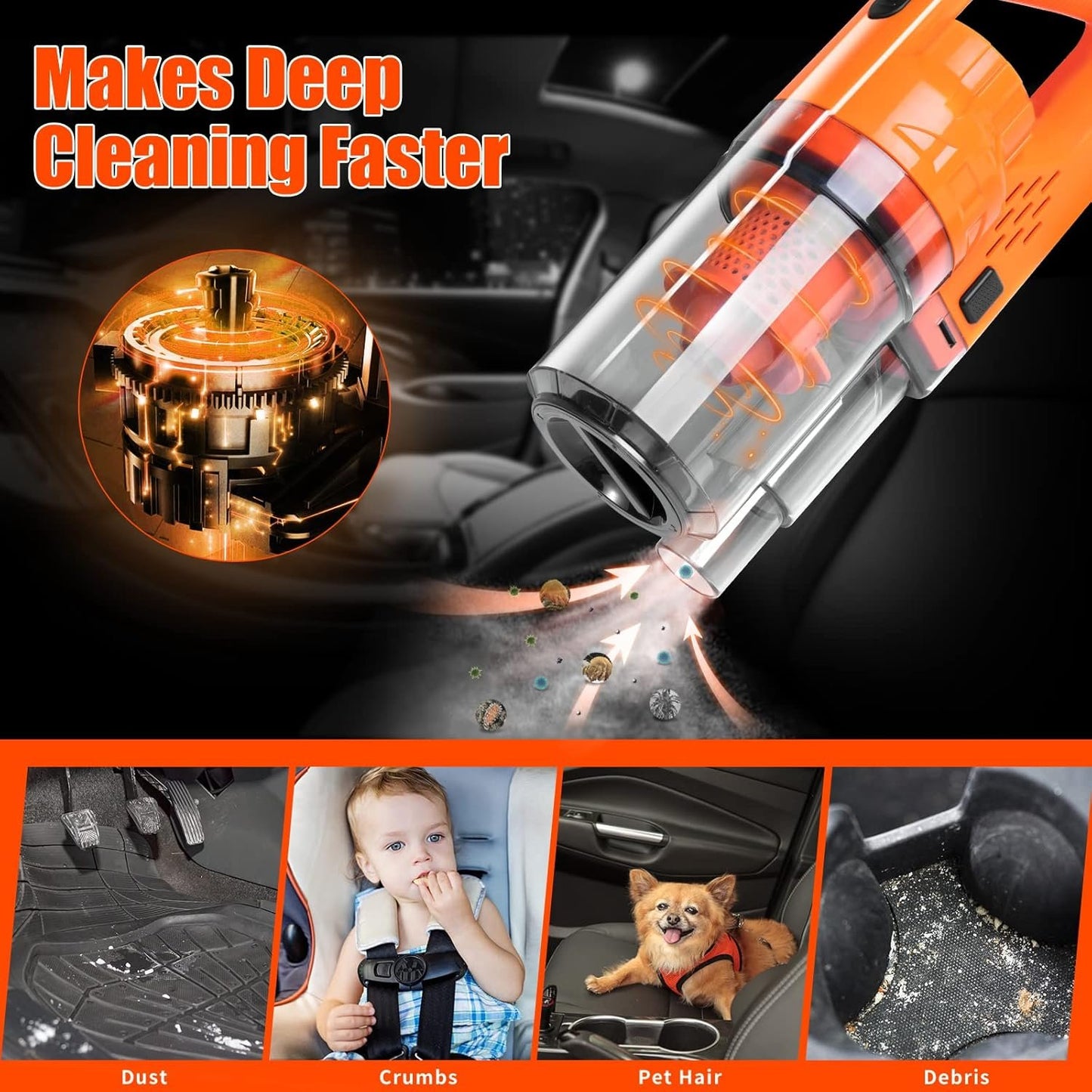 Car Detailing Kit Interior Cleaner, 17Pcs Car Cleaning Supplies with High Power Portable Car Vacuum, Detailing Brush Set, Windshield Cleaner, Orange Car Accessories for Women Men Teens Kids