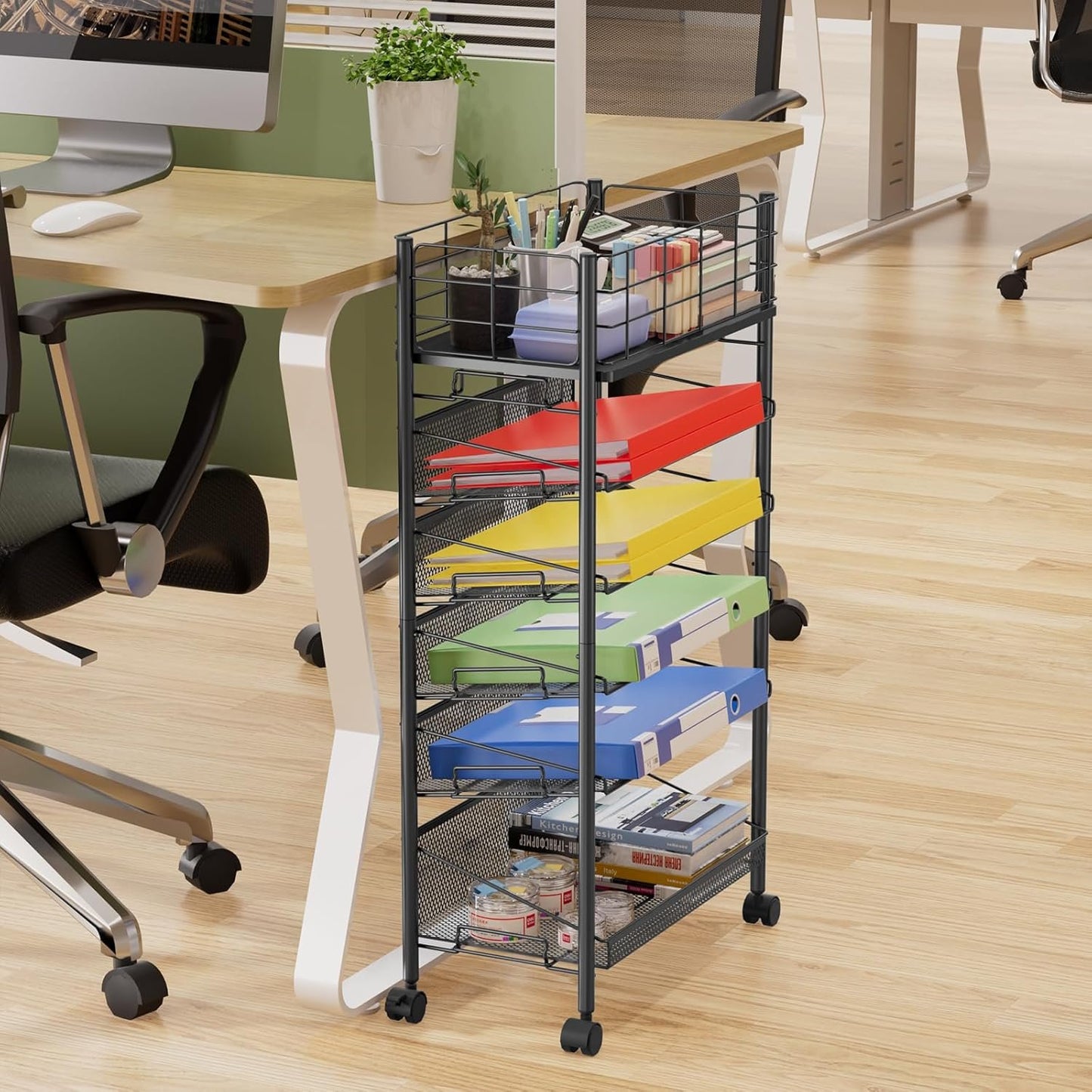 Rolling File Cart with Wheels,Shrivee 6 Tier Metal Rolling File Organizer Cart Beside Desk,Mobile Book Carts with Wheels for Office Home School Teacher Classroom Paper Letter Organization,Black
