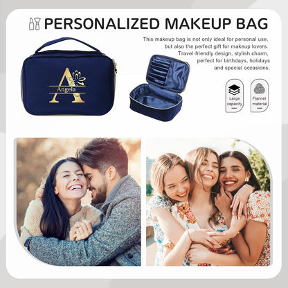 Kaululu Personalised Women's Makeup Bag Engraved with Birthday Flower and Name Travel Makeup Organizer Make Up Bag, #Blue, Simple