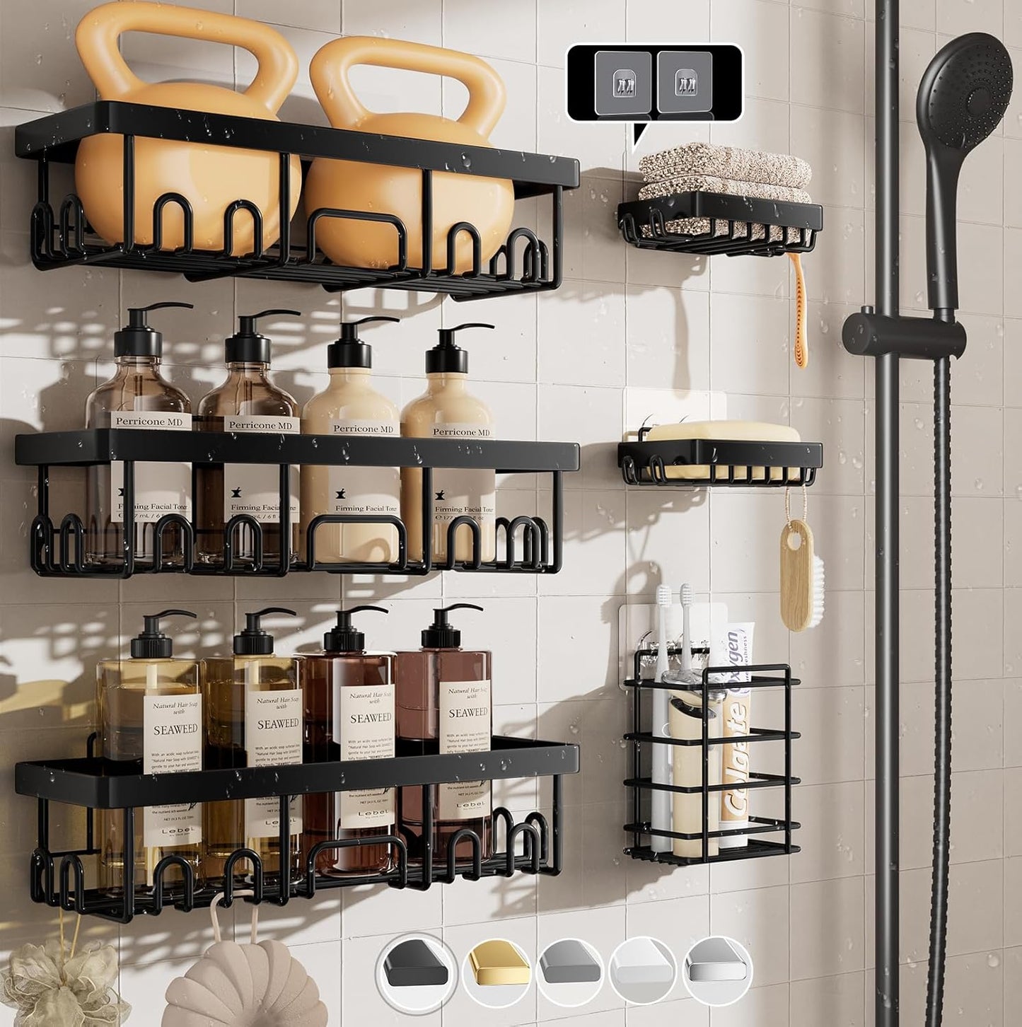 Veken Stainless Steel Shower Caddy 6-Pack, No Drilling & Rustproof, Waterproof Adhesive Shelves Rack with Soap Holder, Large Capacity Bathroom Organizers and Storage, Wall-Mounted Kitchen & Home Decor