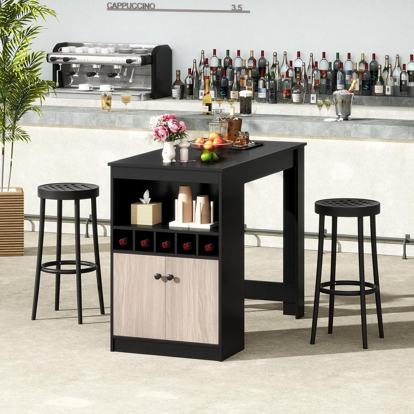 COSTWAY 48" Bar Table with Storage Cabinet & Wine Rack, Home Dining Table, Multifunctional Bistro Table w/Wine Rack, Kitchen Breakfast Table, Ideal for Coffee Shop, Pub, Living Room