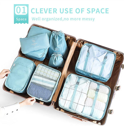 McNory Suitcase Organizer Set of 8, Travel Organizers Cubes Packaging Laundry Bag Luggage Compression Bags for Clothes, Cosmetics, Shoes, Underwear, blue