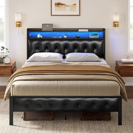HAUSOURCE Queen Bed Frame with Storage Headboard LED Lights Charging Station Leather Upholstered Platform Bed Frame Queen Size with Non-Slip Without Noise No Box Spring Needed Black