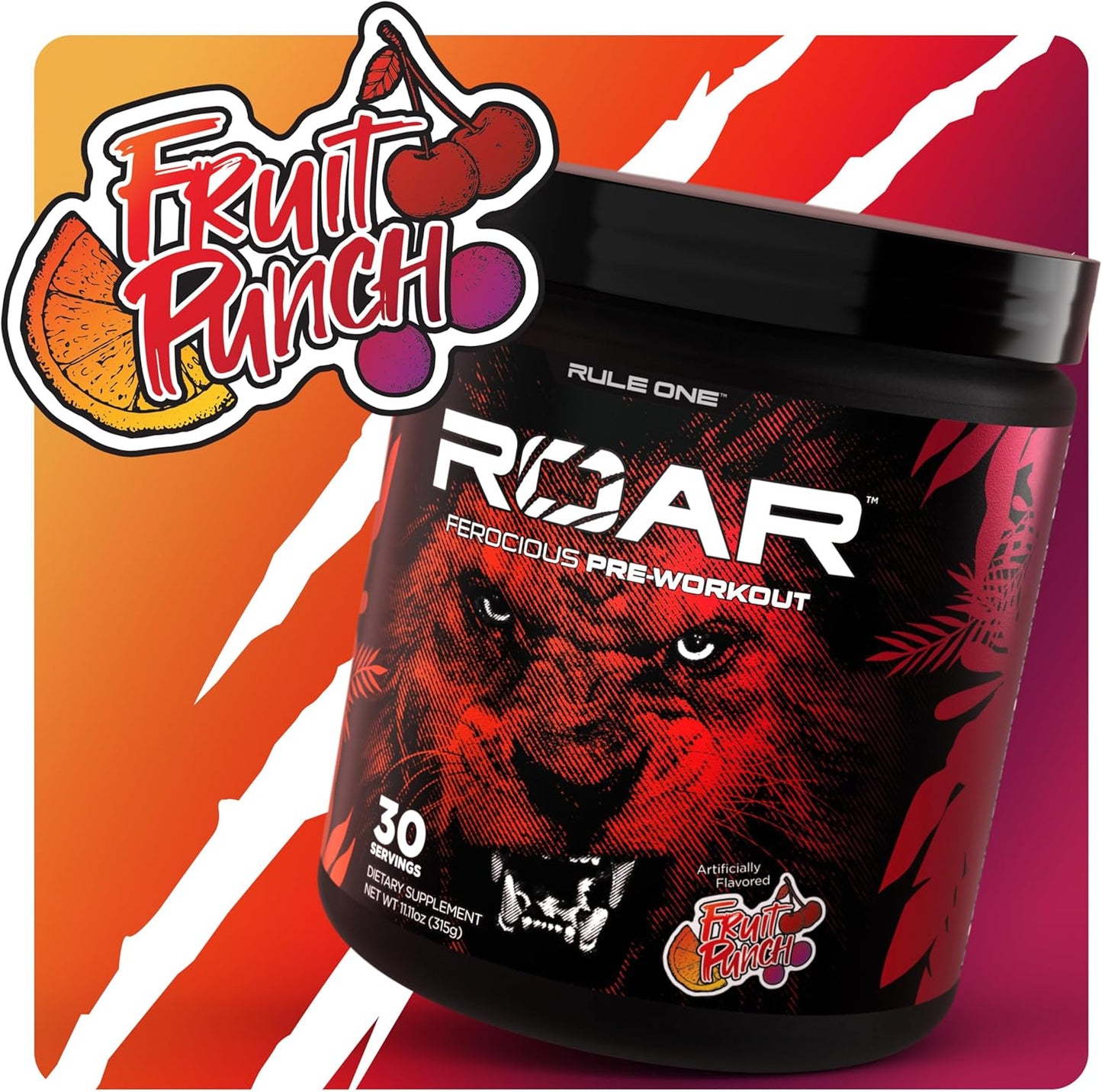 Rule1 R1 Roar Ferocious Pre-Workout Powder 315 g, Fruit Punch (30 Servings)