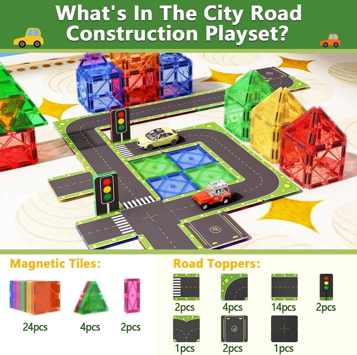 56PCS Magnetic Tiles Road Toppers Set Building Toys for 3 Year Old Boys and Girls Playing with Car Toys Preschool Learning Activities Gift for 3 4 5 6 Year Old Toddlers Kids