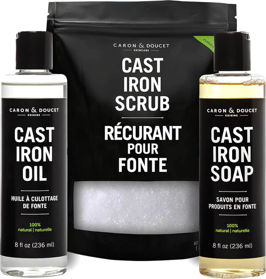 CARON & DOUCET – New Ultimate Cast Iron Set: Seasoning Oil, Cleaning Soap & Restoring Scrub | 100% Plant-Based & Best for Cleaning Care, Washing, Restoring & Seasoning Skillets, Pans & Grills!