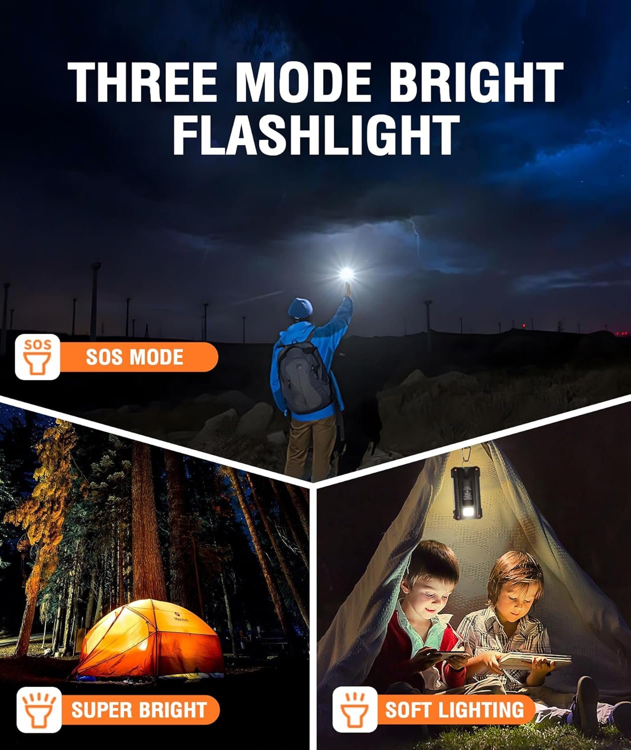 Solar Power Bank 38800mAh Portable Solar Charger 3 Ports Power Bank External Batteries 3 Solar Panels with Flashlight Light/SOS/Strobe, Power Bank for iPhone Samsung and More (Orange-a, 38800mAh)