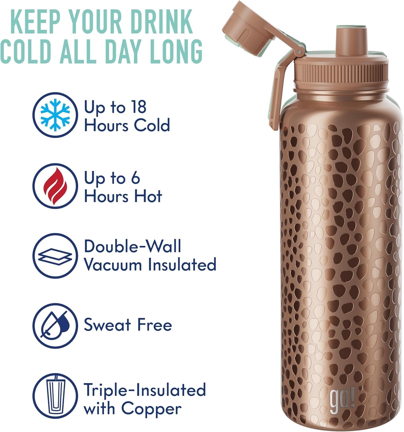 40oz Stainless Steel Sports Bottle with Triple Insulation & Copper Lining – Keeps Drinks Cold for 18 Hours & Hot for 6 – Threaded Lid with Attached Cap, Carrying Handle and Sweat-Free (Copper Animal)