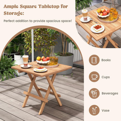 HAPPYGRILL Square Folding Patio Side Table, Indonesia Teak Wood Dining Table with Slatted Tabletop, Sturdy X-Shaped Frame, Outdoor Patio End Table for Garden Deck Porch Balcony Backyard Camping
