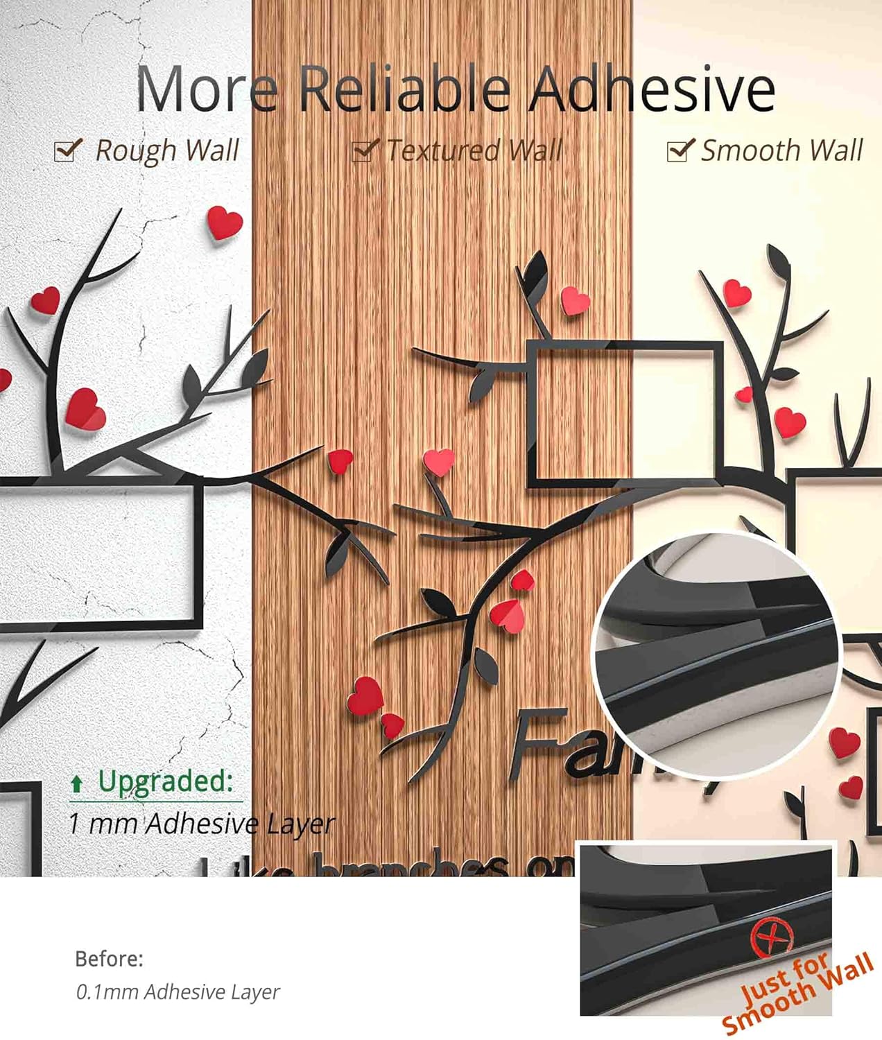 DecorSmart Love Family Tree Wall Decor Picture Frame Collage Removable 3D DIY Acrylic Wall Stickers for Living Room with Red Heart and Quote Family Like Branches on a Tree