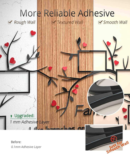 DecorSmart Love Family Tree Wall Decor Picture Frame Collage Removable 3D DIY Acrylic Wall Stickers for Living Room with Red Heart and Quote Family Like Branches on a Tree
