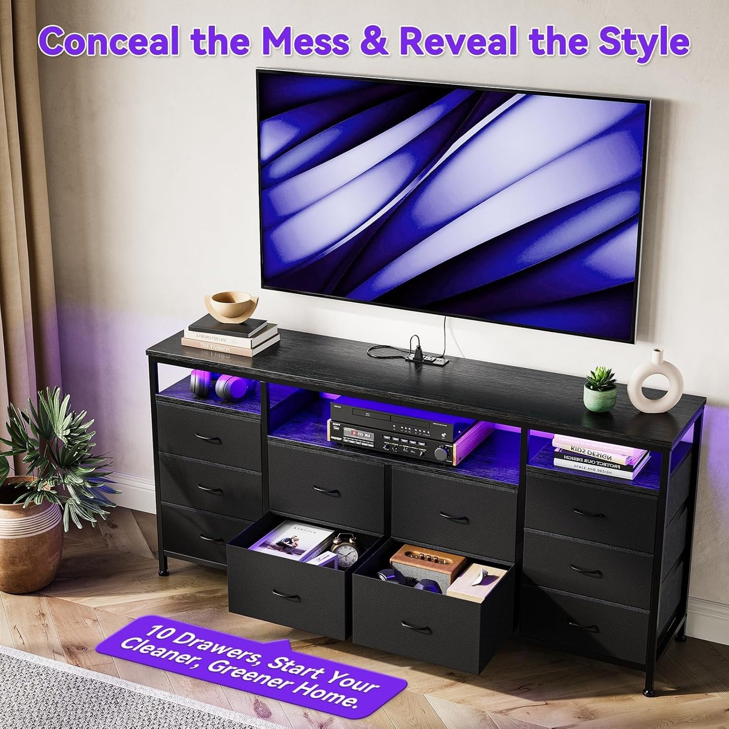 TV Stand with 10 Fabric Drawers for 65 70 75 Inches TV, 63" W Entertainment Center TV Console Table with LED Lights & Power Outlets & Open Storage Shelves