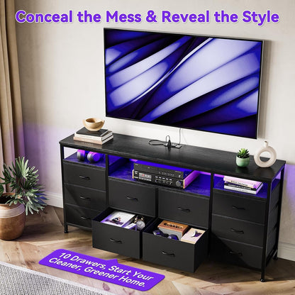 TV Stand with 10 Fabric Drawers for 65 70 75 Inches TV, 63" W Entertainment Center TV Console Table with LED Lights & Power Outlets & Open Storage Shelves