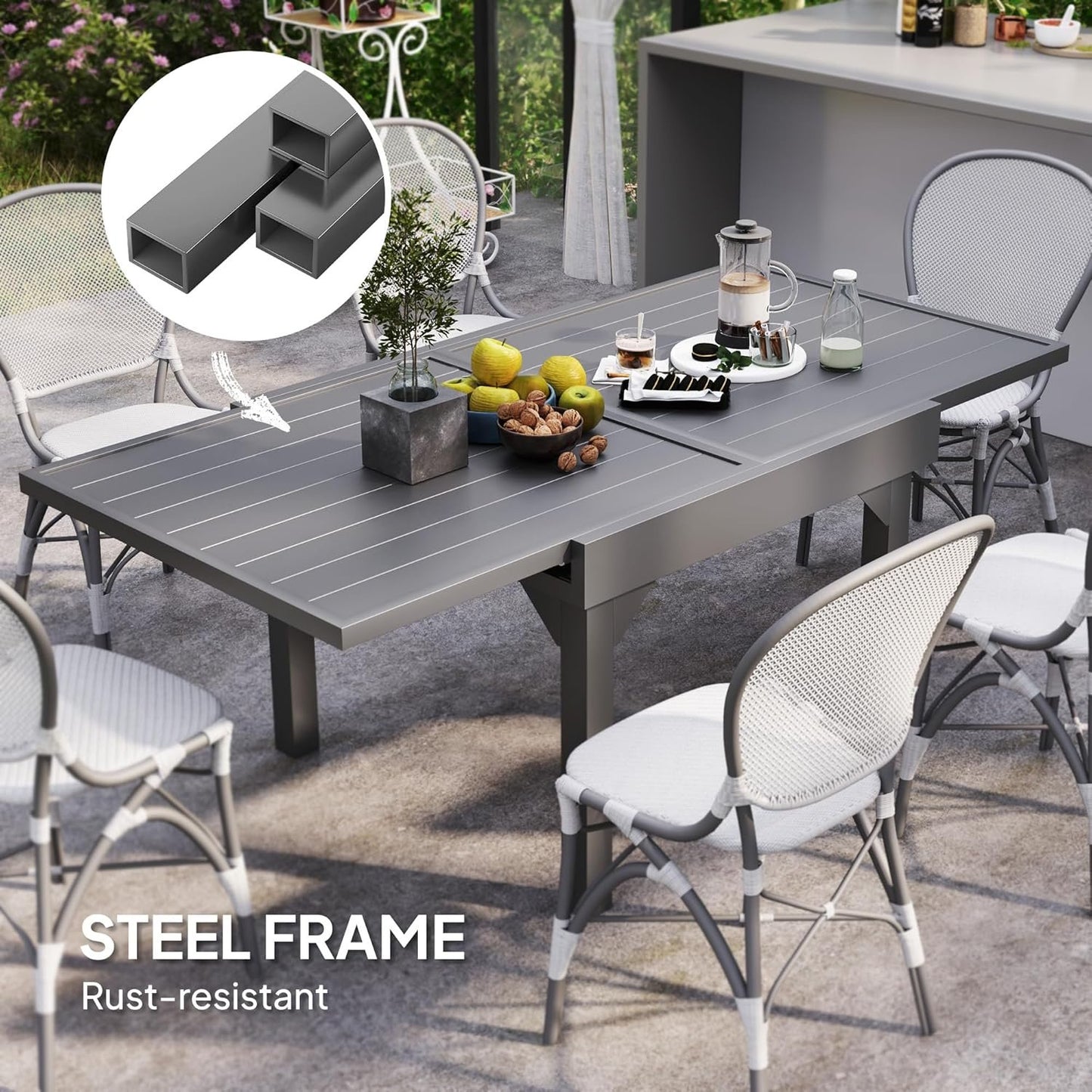 Outsunny Extendable Aluminium Outdoor Dining Table for 4-6 Person, 35"-71" Slatted Metal Patio Table for Garden, Backyard, Deck, Porch, Lawn, Grey